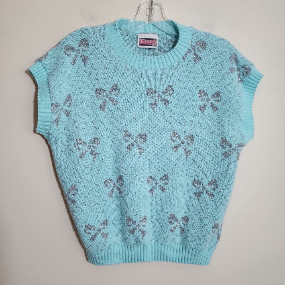 Vintage Picture Perfect sparkly‎ bow ribbon pattern sleeveless sweater vest sz L